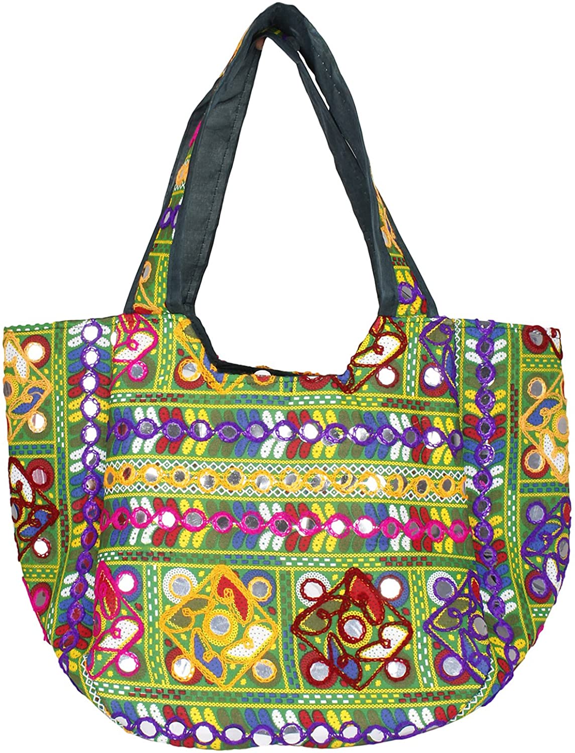Price:$15.99    Floral Embroidered Tote Hand-Cum-Shoulder Bag with Cotton Elegant (Green)  Clothing