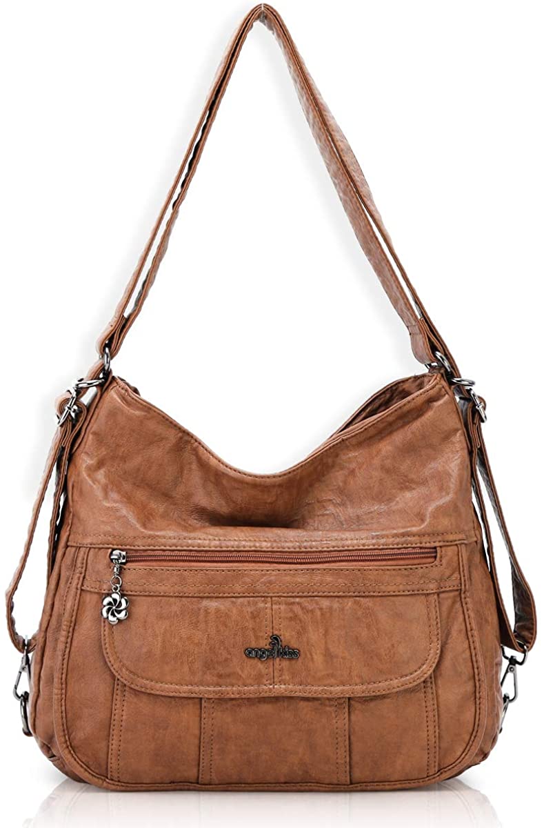 Price:$39.99    Women Handbags Shoulder Bags Washed Leather Satchel Tote Bag Mutipocket Purse (A-0105 Brown)  Clothing