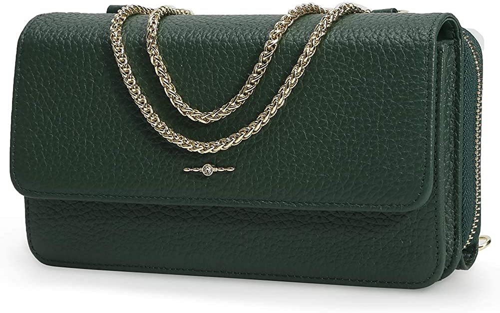 Price:$31.99 Women Small Crossbody Bag Multi Carrying Style Cowhide Leather Wristlet Clutch Shoulder Bag with Chain Green  Handbags   