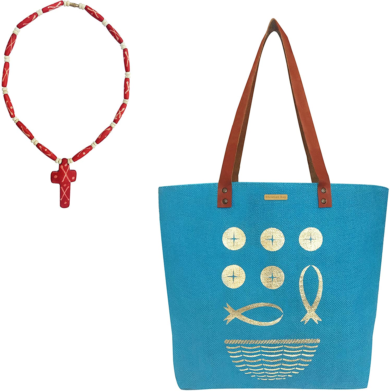 Price:$38.90    Combo - Loaves & Fishes Jute Bag + Necklace - Medium Size - Tote Bag Women Shoulder Bag Shopping Tote Grocery Bag Holiday Gift (Turquoise-Red)  Clothing