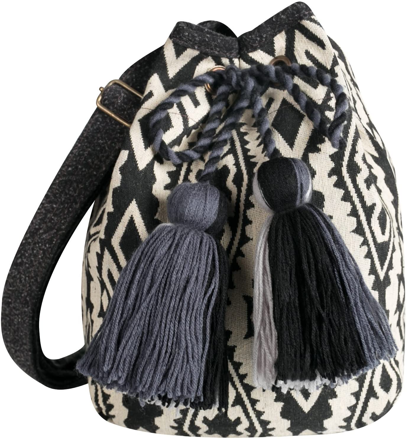 Price:$19.99    ANANTRA Women's Colorful Designs Handwoven Northern Thai Pattern Shoulder Crossbody Bucket Bags - BLACK  Clothing