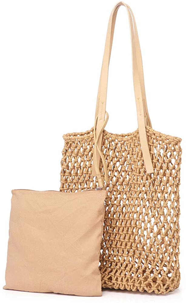 Price:$12.99    AMYPZN Handwoven Cotton Mesh Rope Bag Tote Beach Shoulder Bag with Linner Bag for Women, Beige, Medium  Clothing