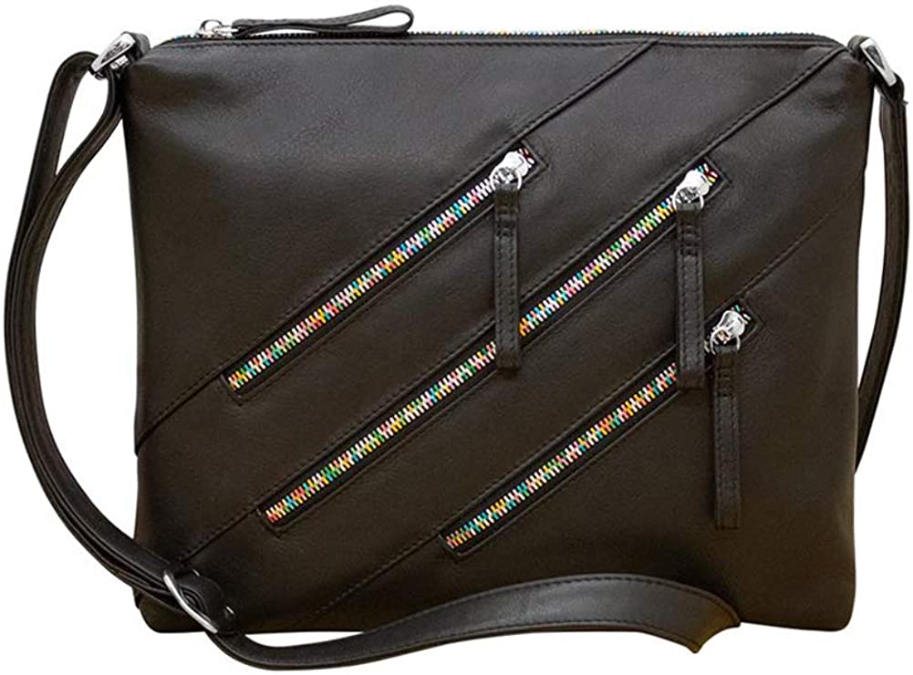 Price:$96.80 ili New York 6154 Leather Zip Top Shoulder/crossbody Bag with Multi Metallic Zippers (Black/Rainbow)  Handbags   