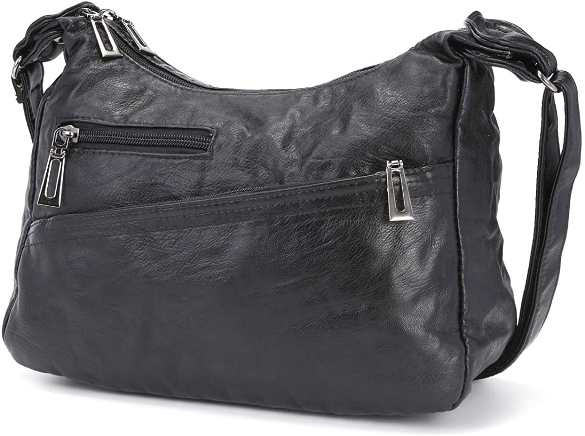 Price:$15.99 Shoulder Bag for Women Soft Washed Vegan Leather Purse and Handbag Pockets Crossbody Messenger Bag (black)  Handbags   