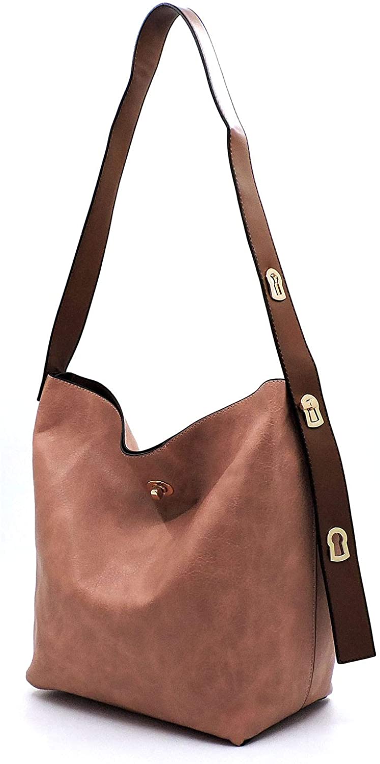 Price:$39.99 Vegan Faux Leather 2pcs Set Twist Lock Detail Long Shoulder Handbags with Pouch (Blush)  Handbags   