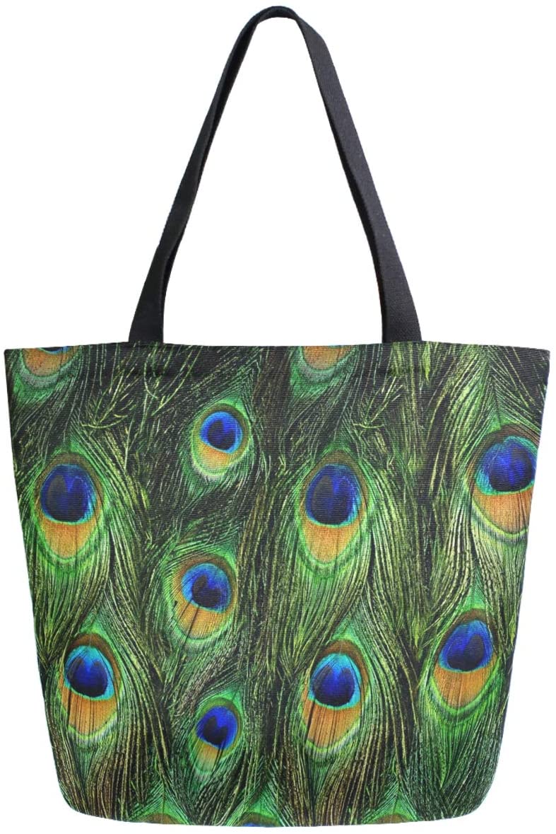 Price:$15.99   | ZzWwR Beautiful Peacock Feathers Print Extra Large Canvas Shoulder Tote Top Handle Bag for Gym Beach Weekender Travel Shopping | Gym Totes