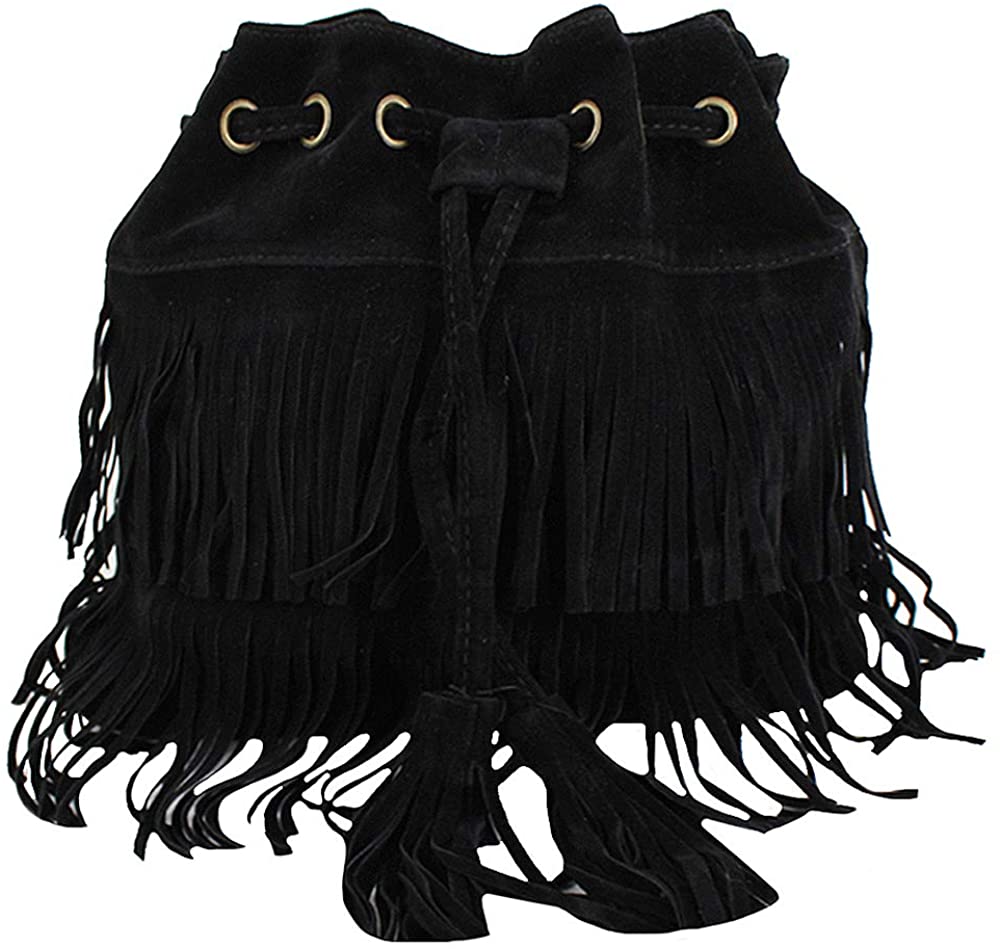 Price:$20.00 Goodbag Boutique Suede Fringe Tassel Messenger Bag Hippie Shoulder Bag Hobo Bag (kb1027black)  Handbags   