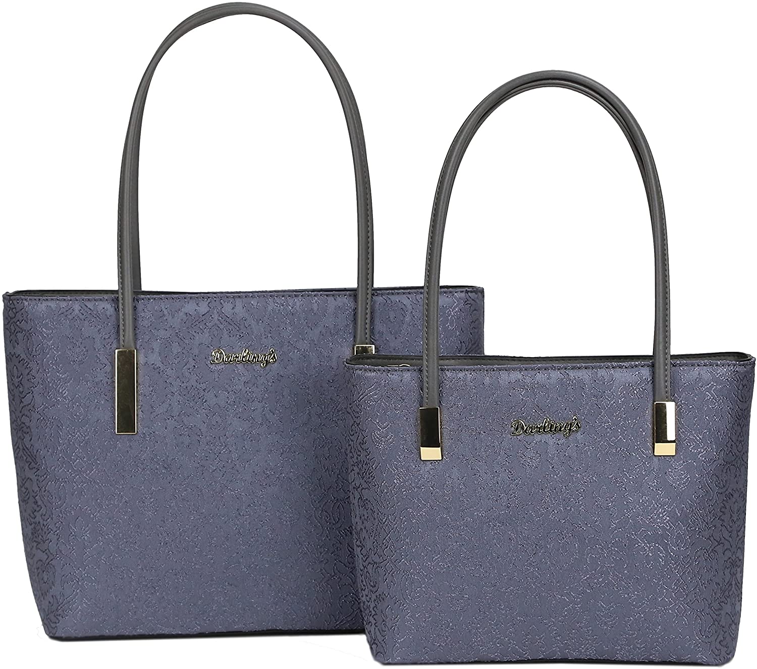 Price:$23.49 Darling's Damask Velvet Designer Carryall Tote - 2 Piece Shoulder Bag Set - Large & Small Grey  Handbags   