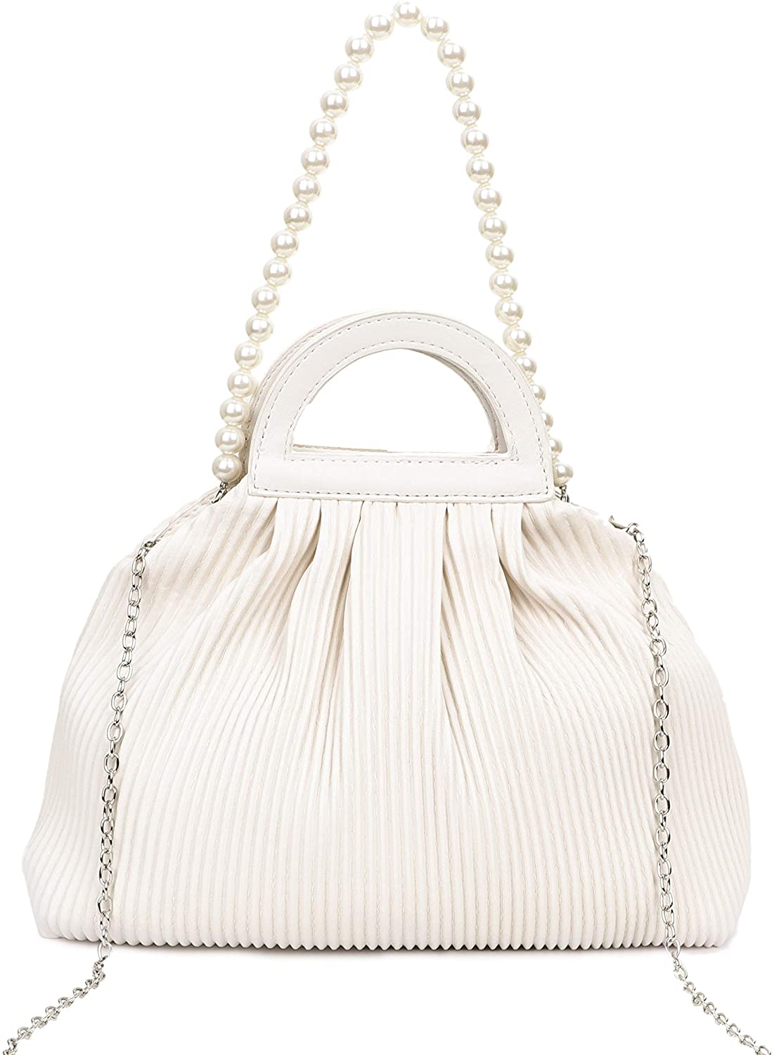 Price:$17.99 YUSHINY Women White Gorgeous Leather Handbag Crossbody Evening Bag with Removable Pearl Shoulder Strap  Handbags   