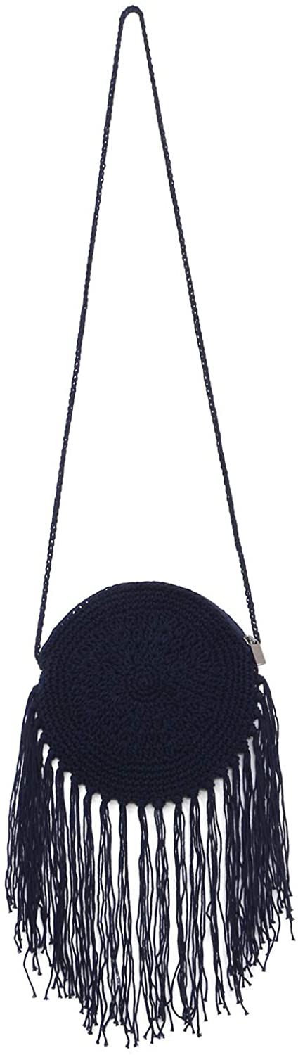 Price:$21.99 QTKJ Boho Long Cotton Tassels Crochet Flower Mini Crossbody Bag Handwoven Summer Beach Round Shoulder Bag with Zipper (Navy Blue)  Handbags   