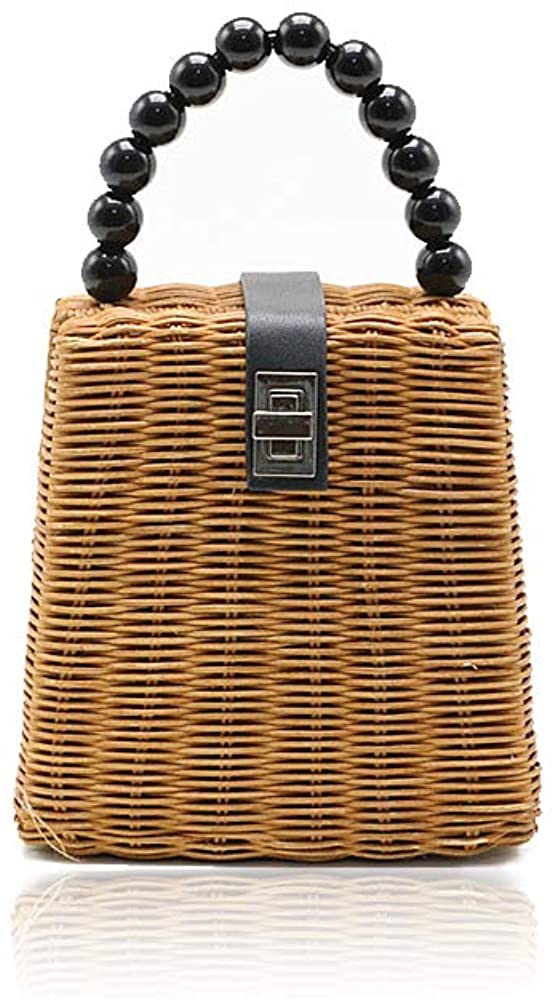 Price:$50.99    QTKJ Fashion Women Hand-Woven Wicker Shoulder Bag with Removable Leather Shoulder Strap Summer Vintage Beach Straw Crossbody Bag Beaded Handle Tote Bag  Clothing