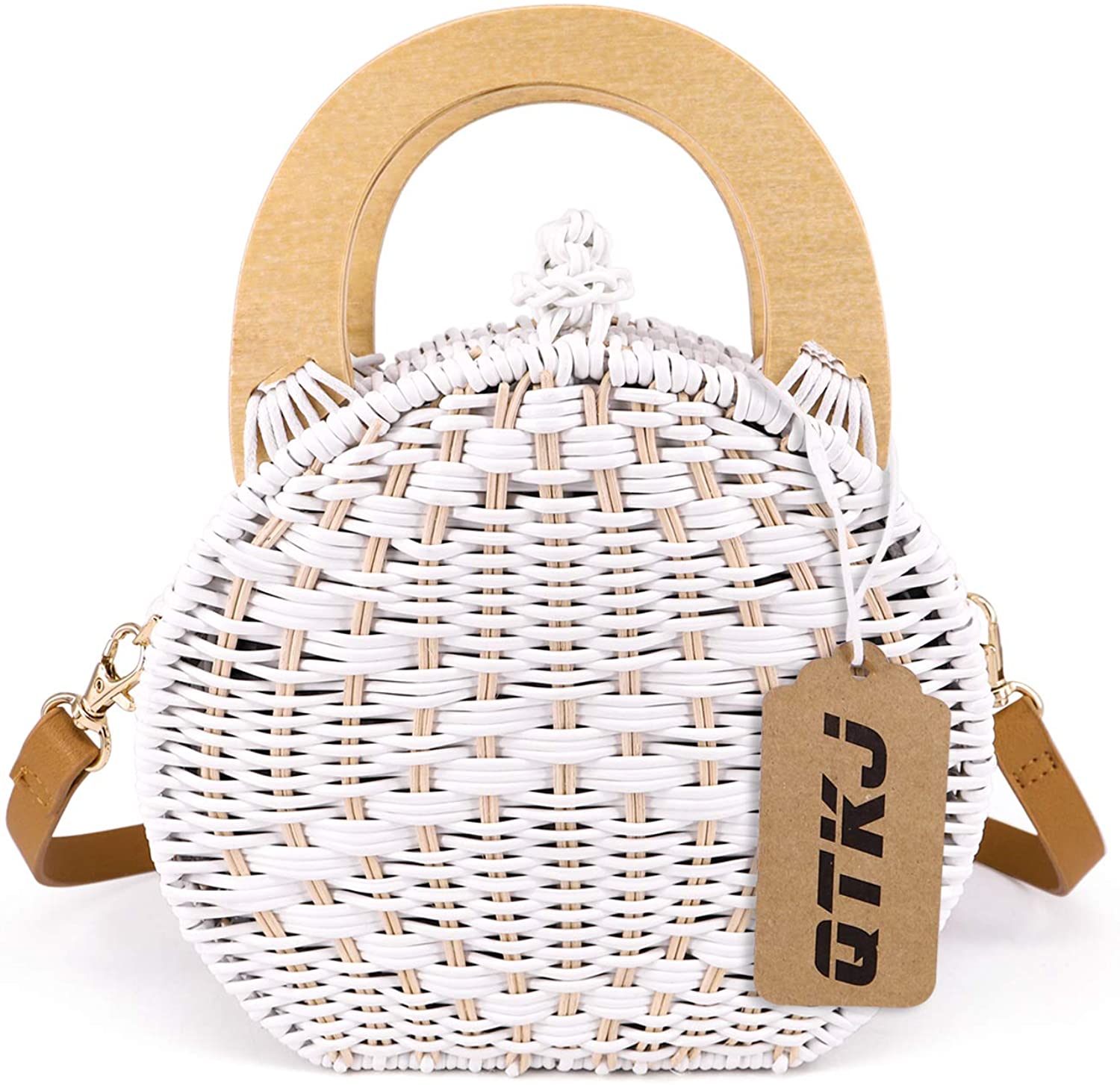 Price:$59.99    QTKJ Hand-Woven Round Rattan Wooden Handle Tote Bag Summer Beach Straw Crossbody Bag Shoulder Bag with Adjustable Leather Shoulder Strap (White)  Clothing