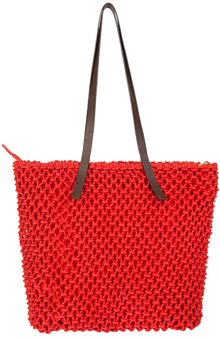 Price:$54.99    Chumbak Boho Macramé Knit Tote Bag - Red - Fashion Hand Bag for Women, PU Shoulder Purse, Shoulder Bag, Top Handle Satchel Handbag, Casual Bag, Size 14.2"x11.8"  Clothing