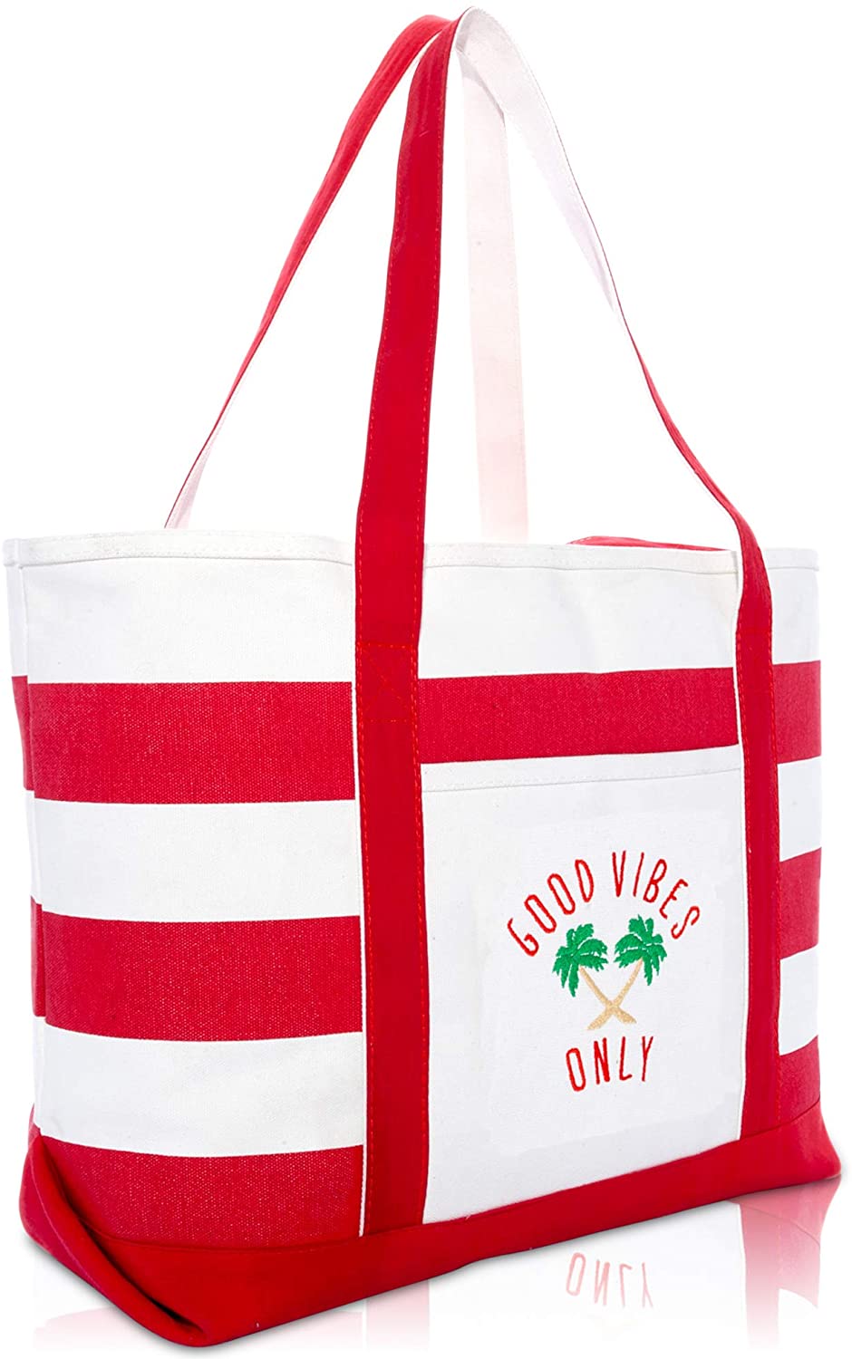 Price:$16.95 DALIX Good Vibes Striped Tote Bag Shoulder Bags Cotton Premium Embroidered in Red  Handbags   