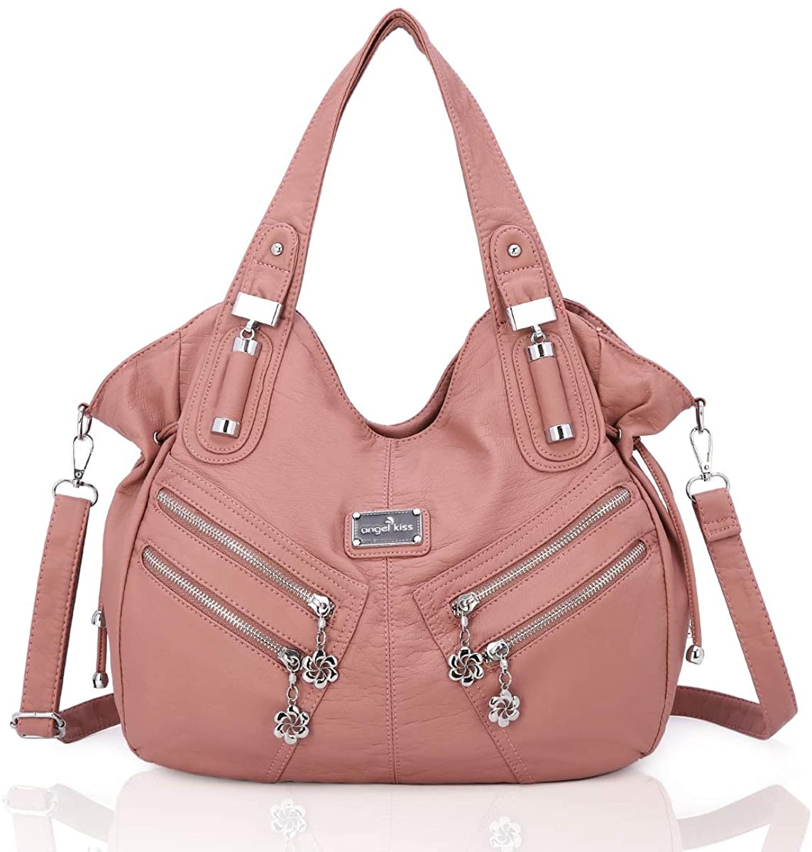 Price:$39.99    Women Handbags Shoulder Bags Washed Leather Satchel Tote Bag Mutipocket Purse (AK1135#6802#14PINK)  Clothing