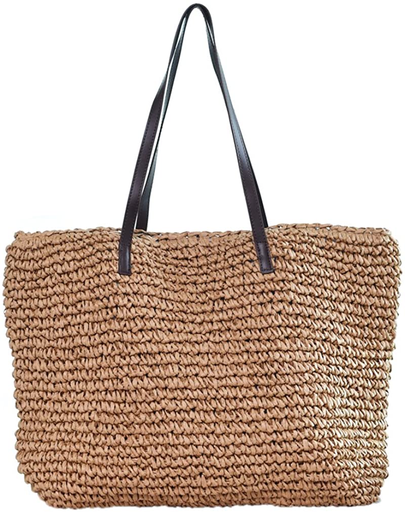 Price:$29.99    Sornean Large Knitted Straw Bag 100% Handmade Summer Beach Tote Bag Top Zipper Shoulder Bag … (Brown)  Clothing