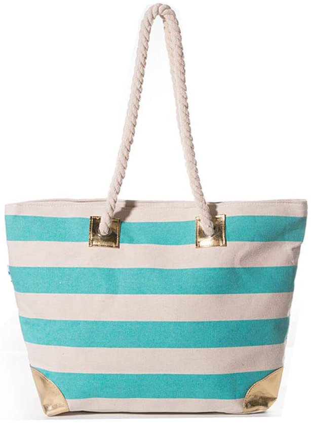 Price:$16.99    Fashlanlika Women Large Beach Bag Canvas Striped Tote Bag Rope Handle Beach Shoulder Bag With Metallic Gold Accents (Aqua)  Clothing