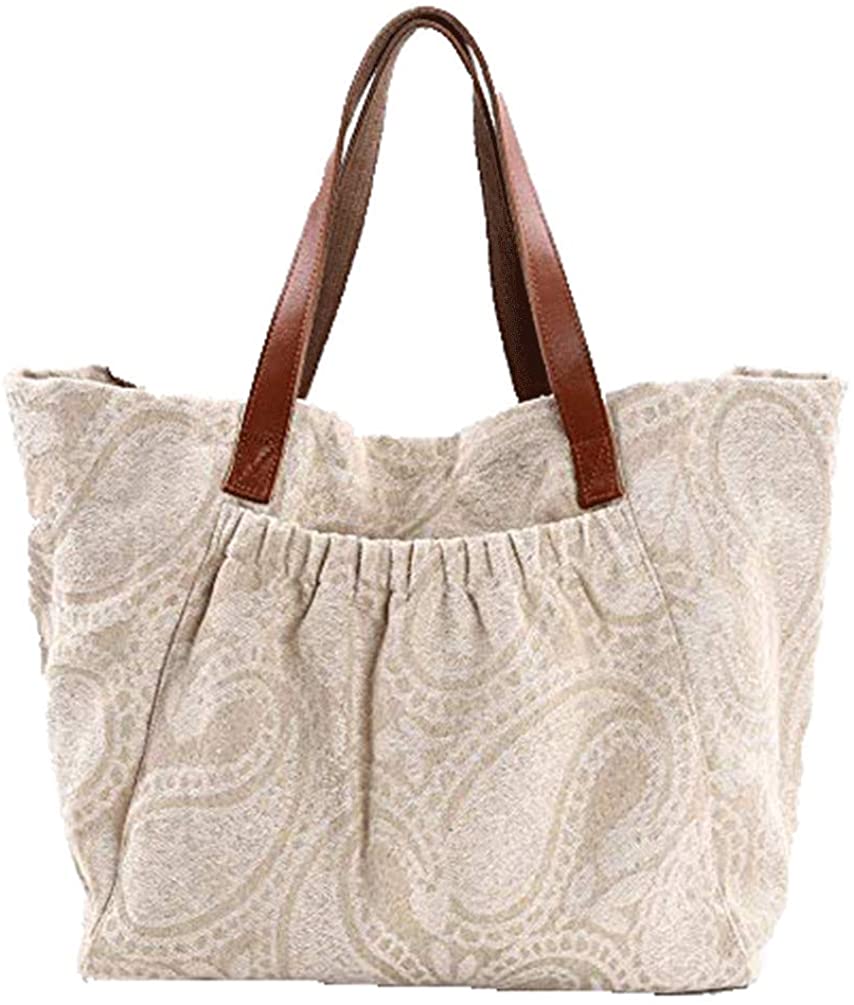 Price:$25.00 RunFu Original natural cotton linen thickened leather soft shoulder, Beige, Large  Handbags   