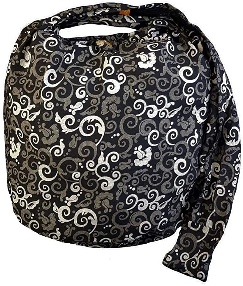 Price:$16.99    BTP! Absolute Black Floral Sling Bag Crossbody Shoulder Purse Hippie Hobo Thai Cotton Gypsy Bohemian (Floral Vine MO1)  Clothing