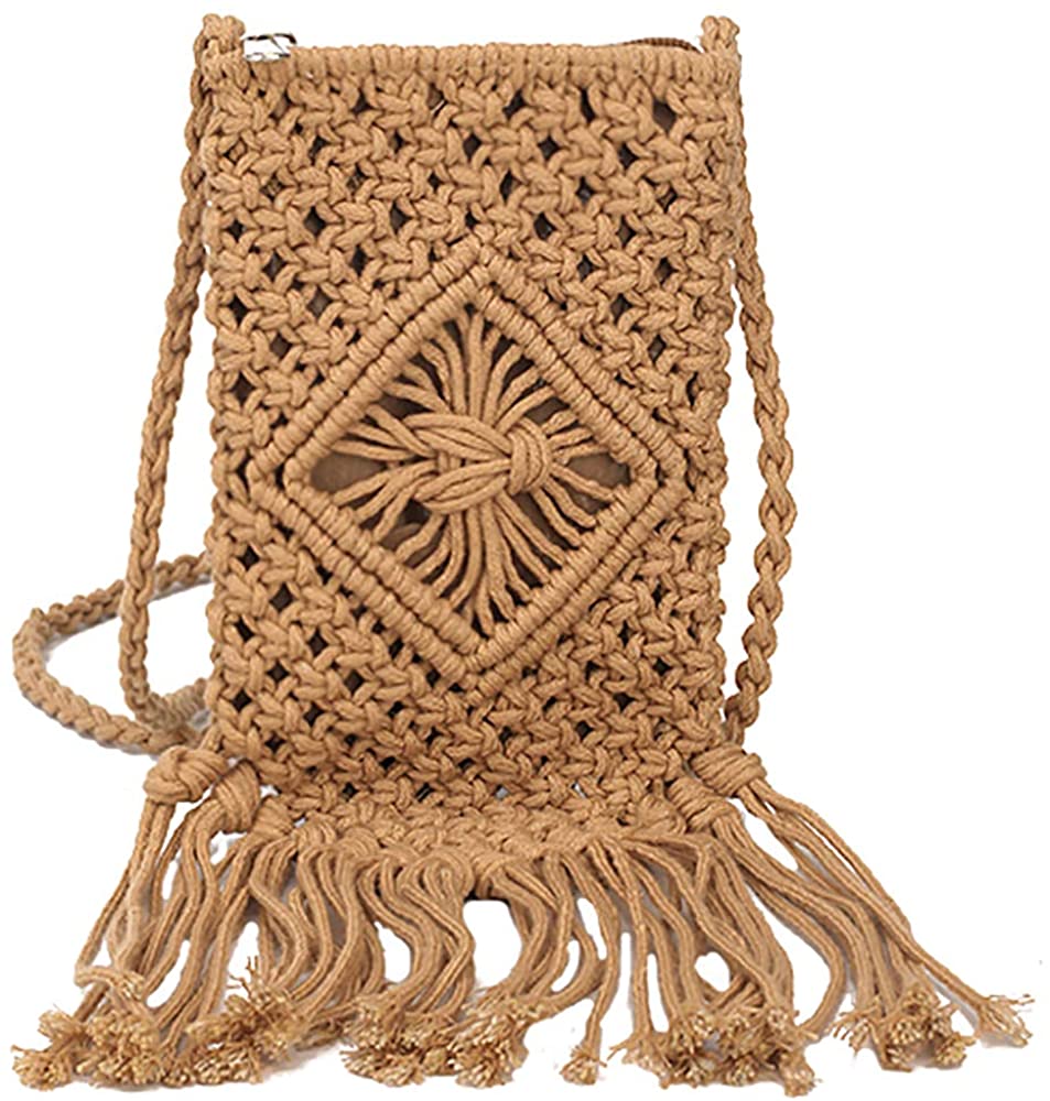 Price:$11.99 HIKEL Women Cotton Tassel Straw Shoulder Bag Leisure Beach Travel Bag, Woven Bag Crossbody Bag Mobile Phone Bag(Brown)  Handbags   