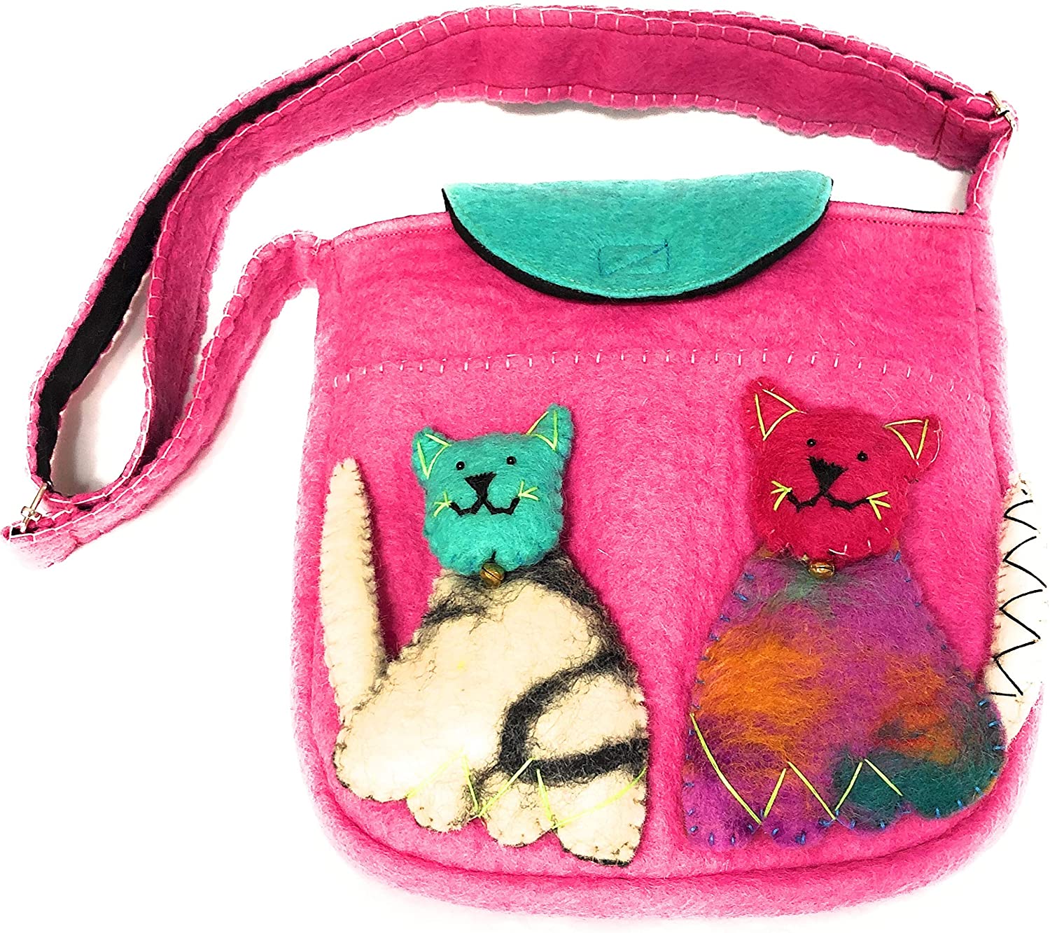 Price:$25.00    Bohemian Embellished Cat Purse Imported Handmade 100% Felted Wool Crossbody Hobo Shoulder Bag Women Teens Young Students  Clothing
