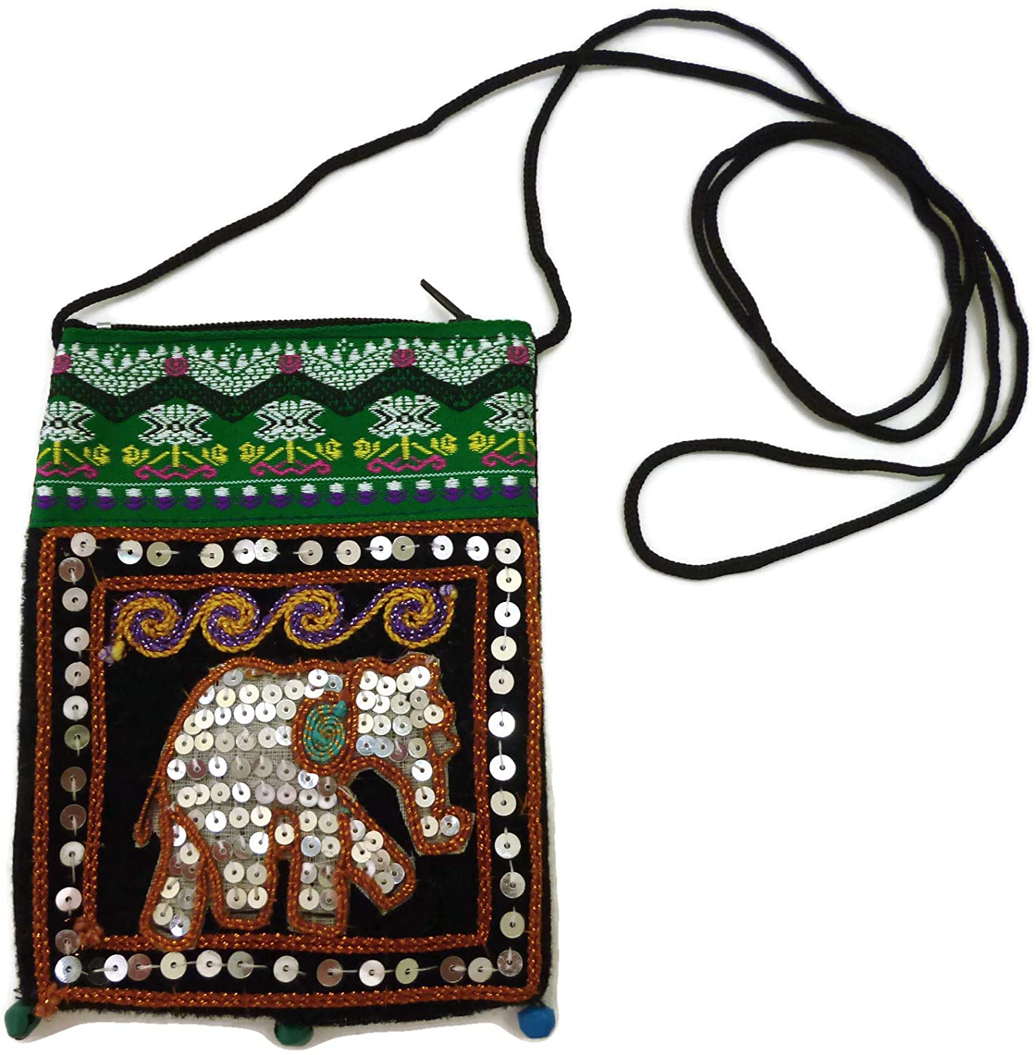 Price:$8.35 Moose546 Hmong Handbag Sequins Neck Wallet Embroidered Elephant Ethnic Necklace Purse Pouch for Girls BG-023 (Green)  Handbags   
