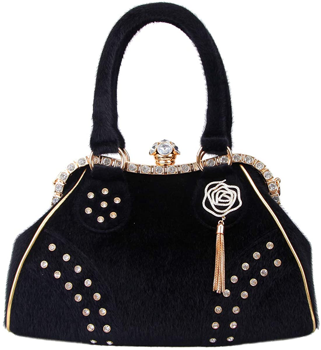 Price:$60.82    Fawziya Rose Tassel Shoulder Bag For Women Crystal Spherical Fur Tote Bag-Black  Clothing