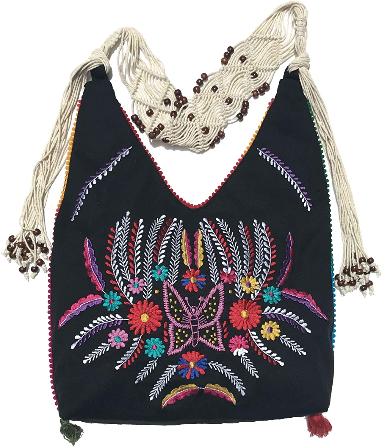 Price:$39.00 Boho Black Embroidered Shoulder Handbag with Macrame and Beaded Strap  Handbags   
