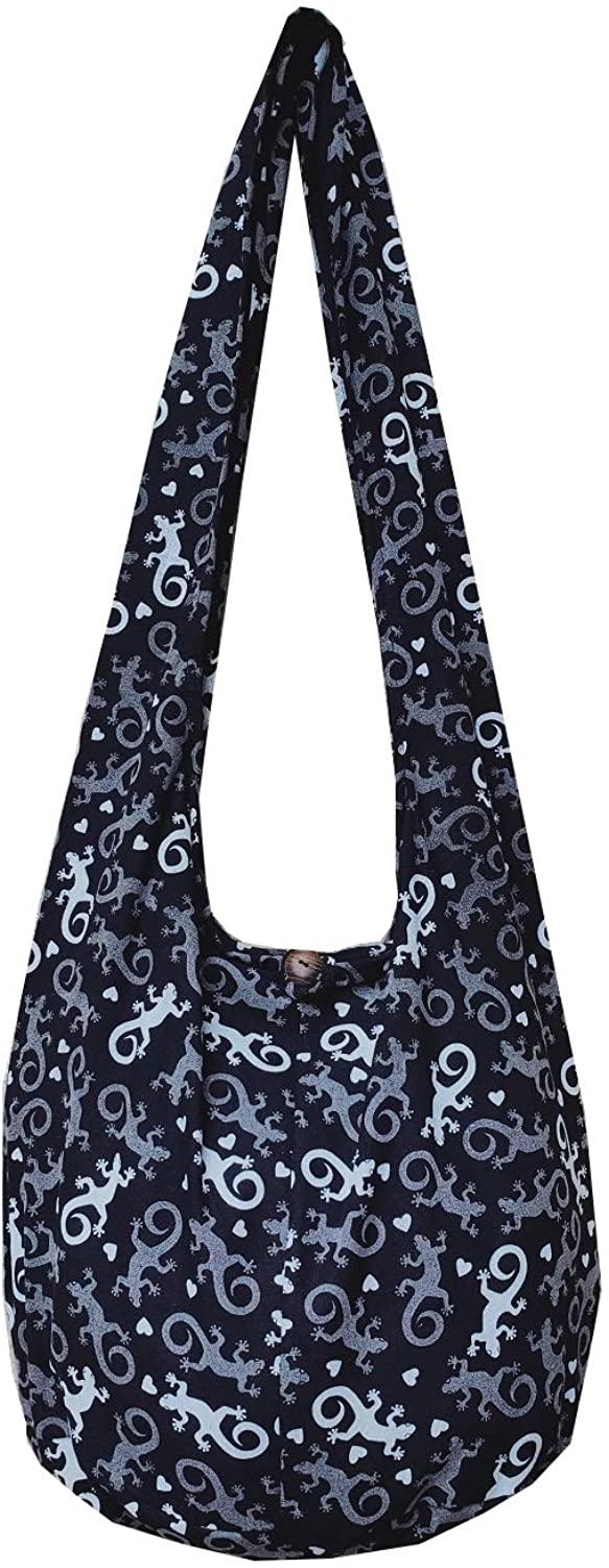 Price:$16.99    BTP! Gecko Hippie Hobo Thai Cotton Sling Crossbody Bag Messenger Shoulder Purse (Black GC1)  Clothing