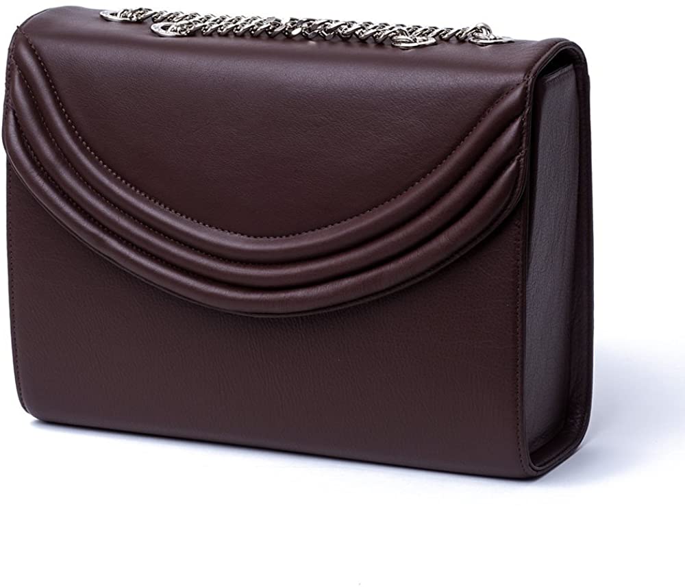 Price:$99.00 Genuine Italian Leather Mezzo Handbag - Lauren Cecchi New York - Cross Body Strap - Chocolate Brown - Silver Chain  Handbags   