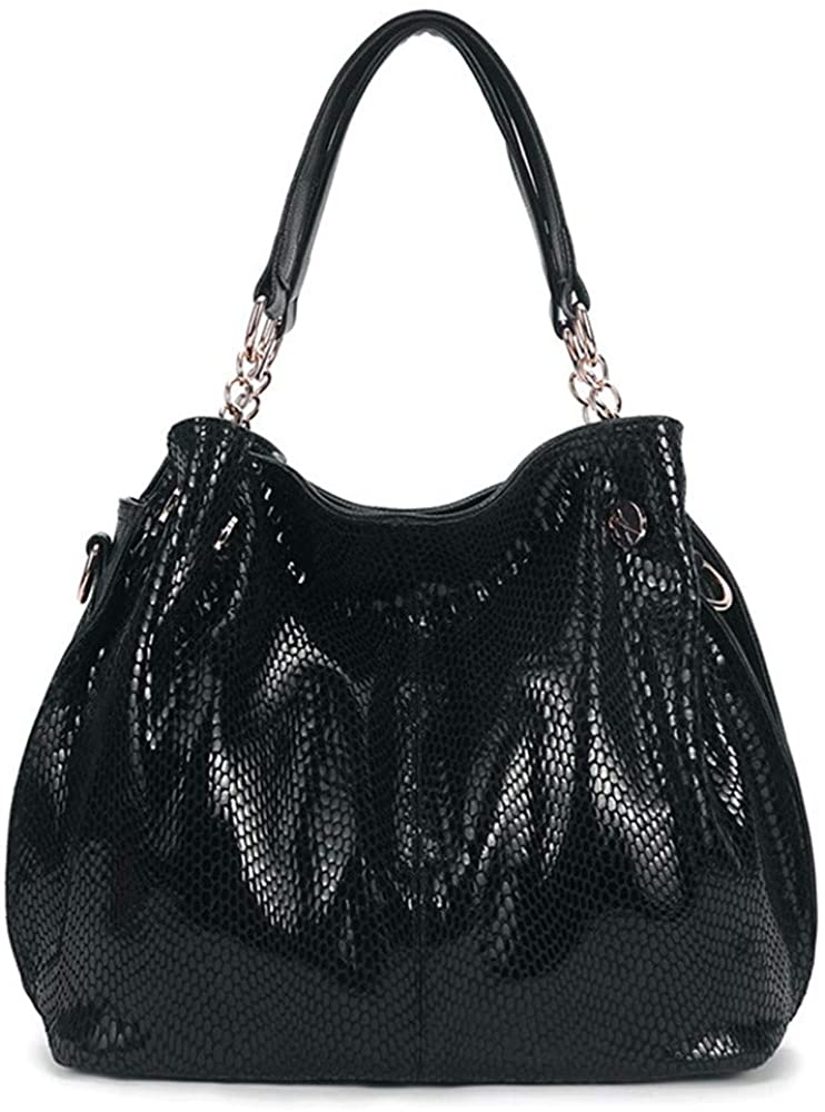 Price:$15.99 Women Genuine Leather Handbag Snakeskin Shoulder Bag Fashion Elegant Top Handle bag for Ladies, Black  Handbags   