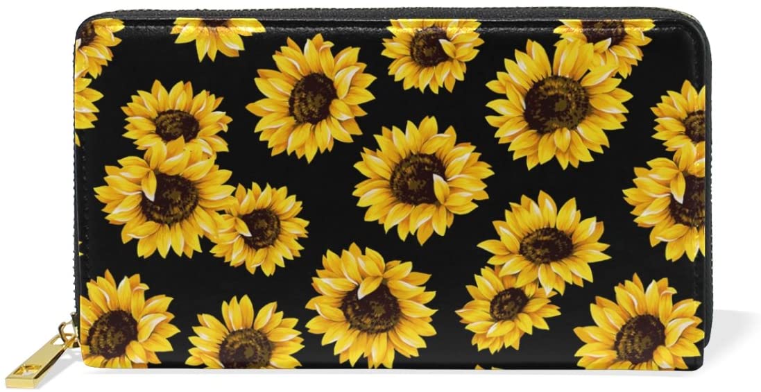 Price:$29.98    MMstyle Vintage Sunflower Black Background Leather Large Capacity Zipper Wallets for Women Girls  Clothing