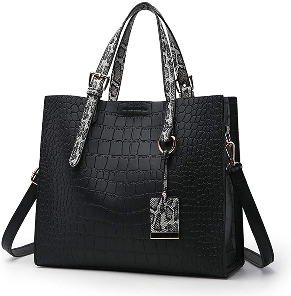 Price:$21.99    Women Fashion Crocodile Pattern Handbag Snakeskin Top Handle Tote Purse Shoulder Crossbody Bag, Black  Clothing