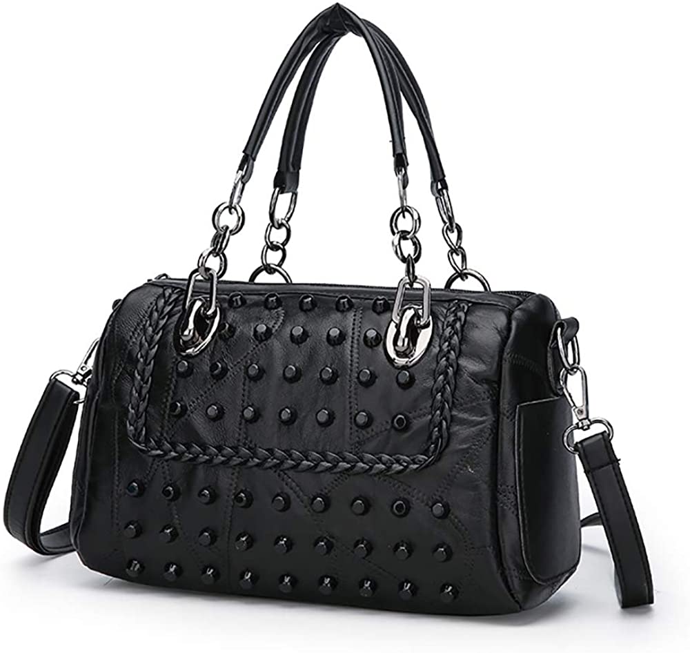 Price:$0.00    Women's Hobo Handbags, Studded Tote Purse Punk Bag Soft Leather Satchel Shoulder Bag, Square  Clothing