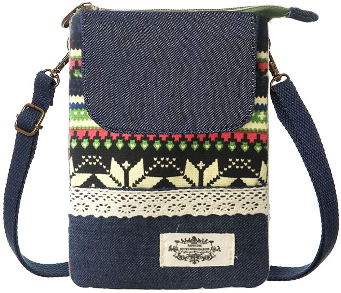 Price:$8.99 LassZone Mini Roomy Cell Phone Purse Wallet Bohemian Style Canvas Small Crossbody Purse Bags with Shoulder Strap For Women Girls  Handbags   