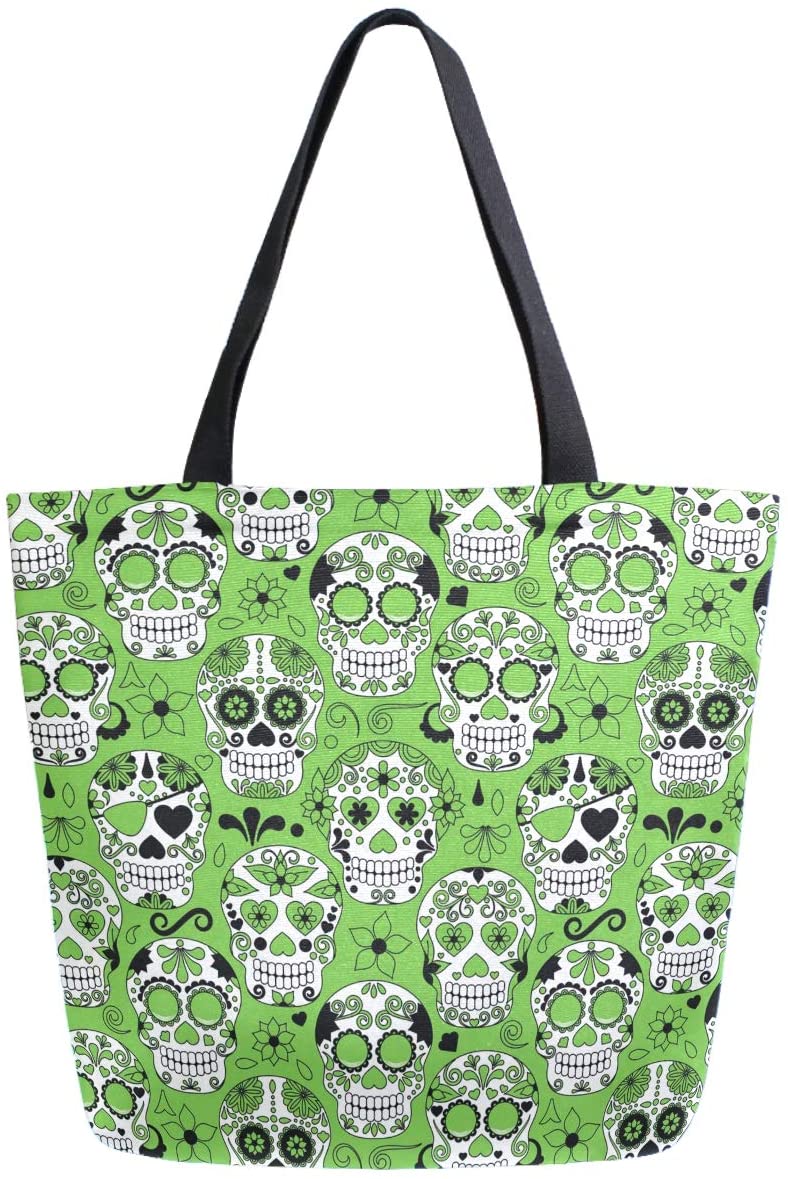 Price:$15.99   | ZzWwR Chic Day of the Dead Sugar Skull Floral Extra Large Canvas Shoulder Tote Top Handle Bag for Gym Beach Weekender Travel Shopping, Green | Gym Totes