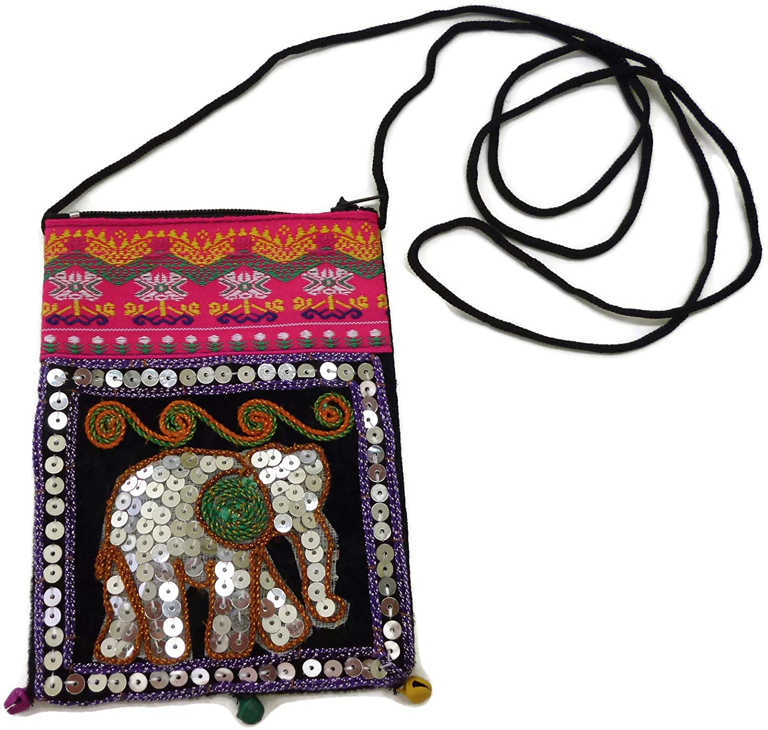 Price:$8.35 Moose546 Hmong Handbag Sequins Neck Wallet Embroidered Elephant Ethnic Necklace Purse Pouch for Girls BG-027 (Pink)  Handbags   