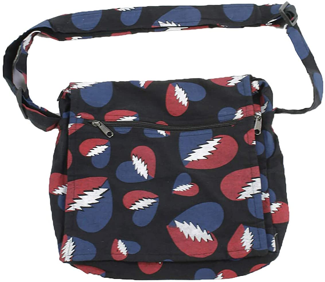 Price:$39.99 Jayli Cotton Square Shoulder Bag with Heart and Bolt Print | Grateful Dead | GD-B119-BLK  Handbags   