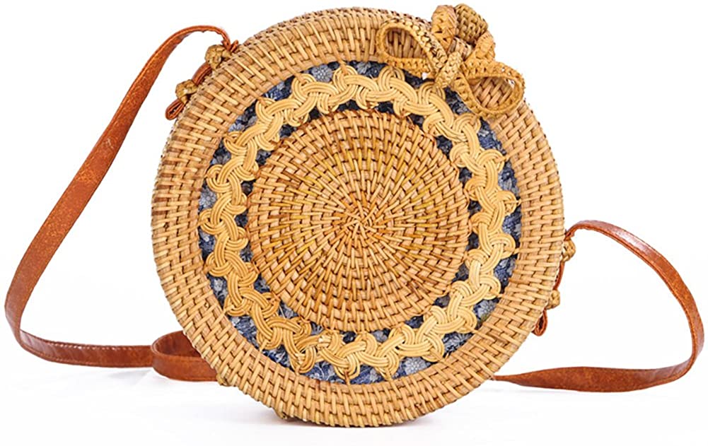 Price:$18.99    LaviniaLee Round Rattan Beach Bag Handwoven Crossbody Shoulder Bag Long Leather Strap  Clothing