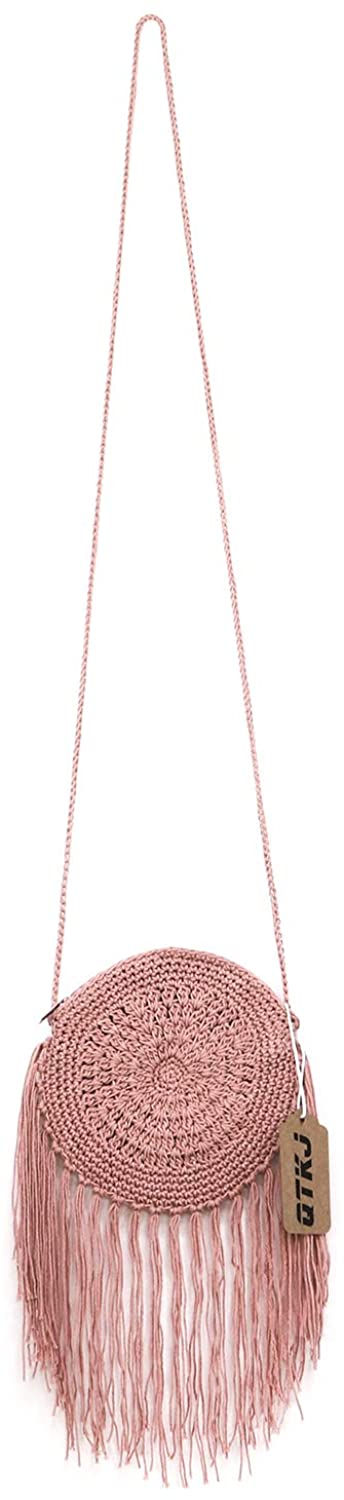 Price:$19.99 QTKJ Boho Long Cotton Tassels Crochet Flower Mini Crossbody Bag Handwoven Summer Beach Round Shoulder Bag with Zipper (Pink)  Handbags   