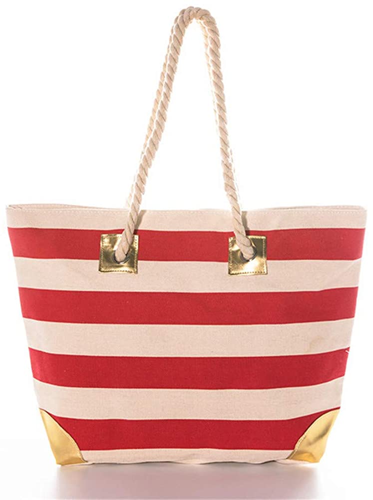 Price:$13.99    Women Large Beach Bag Canvas Striped Tote Bag Rope Handle Beach Shoulder Bag With Metallic Gold Accents (Red)  Clothing