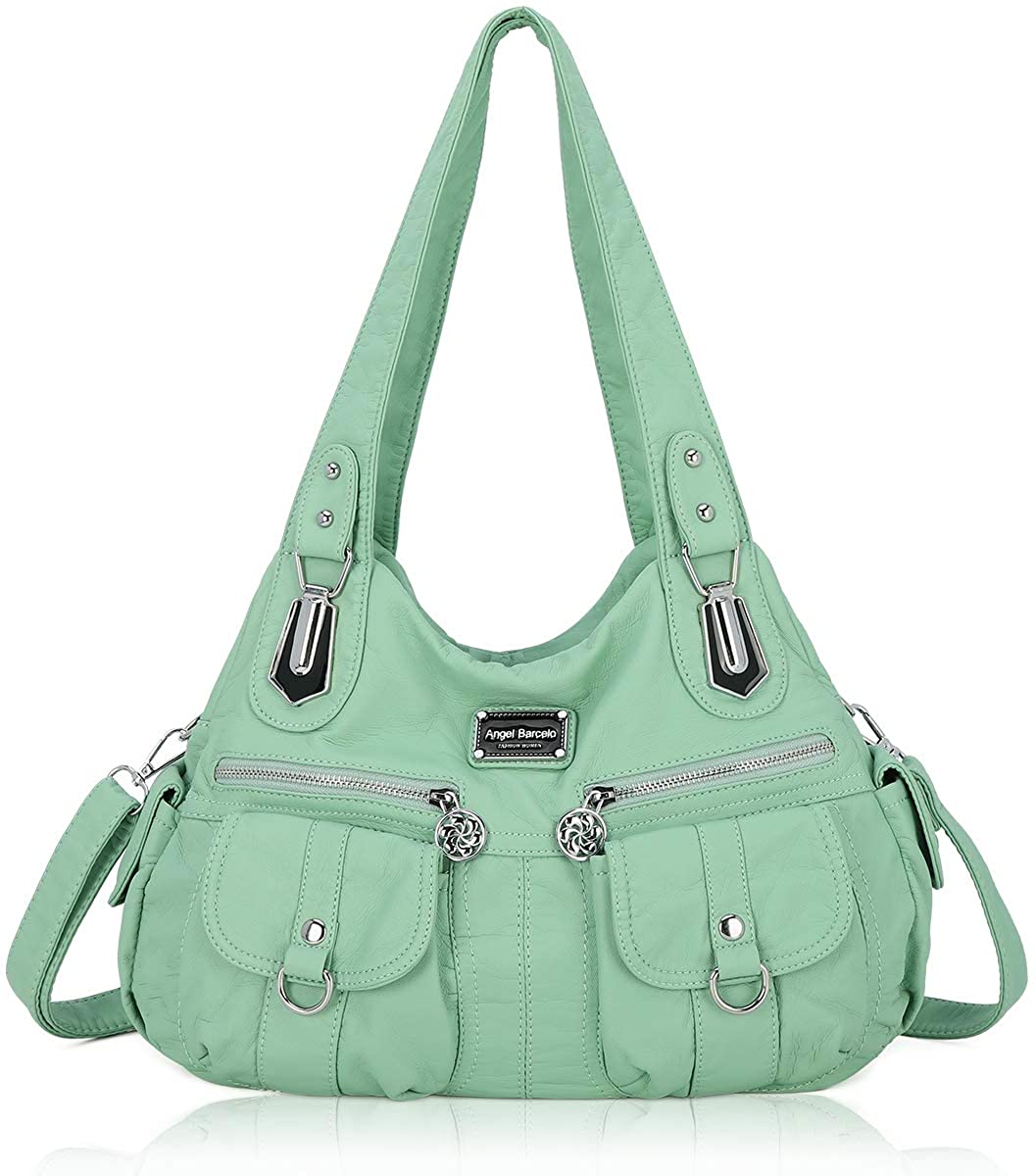 Price:$36.99    Angel Barcelo Women Top Handle Satchel Handbags Shoulder Bag Messenger Tote Washed Leather Purse (Mint Green)  Clothing