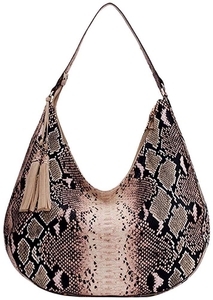 Price:$29.99    EDITHA Women's Tassel Snakeskin Pattern Tote Bag Shoulder Bag PU Leather Top Handle Purse (Khaki)  Clothing