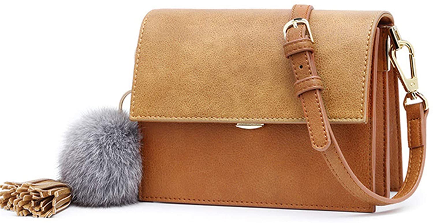 Price:$29.99 CHSYU Tassel Retro Handbag, Yellow Brown Crossbody Bag with Fur Ball Ornaments (PU Leather)  Handbags   