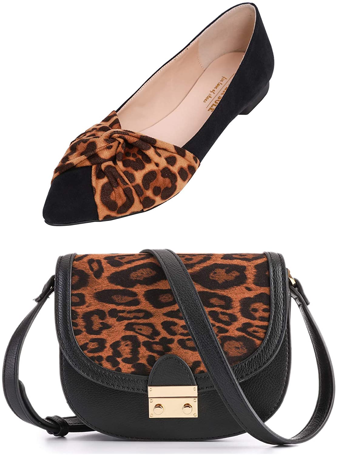 Price:$40.99 Feversole Womens Fashion Leopard Shoulder Purse Bag and Pointed Bow Tie Flat Size US8.5 Bundle  Handbags   