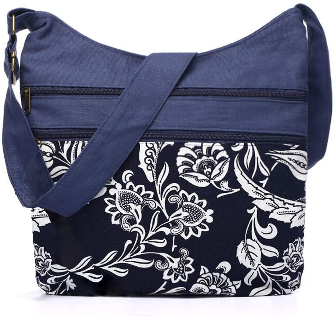 Price:$15.99    Large Women Shoulder Bag Double Zipper Floral Crossbody Bag Cotton Triple Pocket Hipster  Clothing