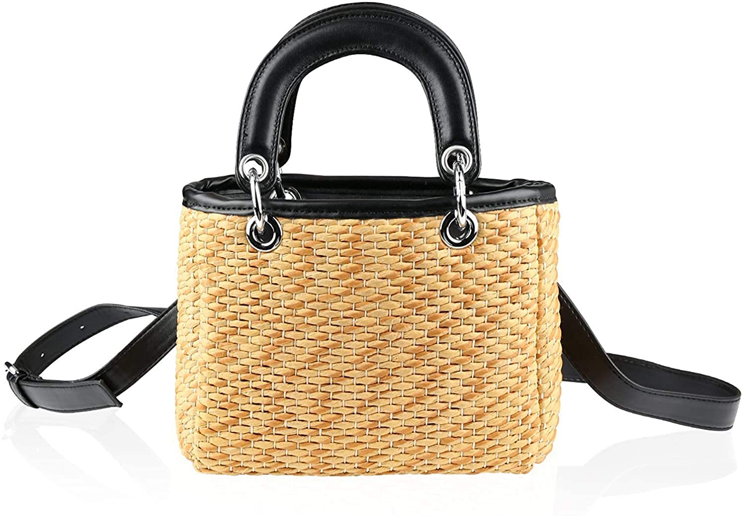 Price:$53.99 basket bag Ladies straw bag Round shoulder bag Diagonal 2way knit bag Light (Balck)  Handbags   