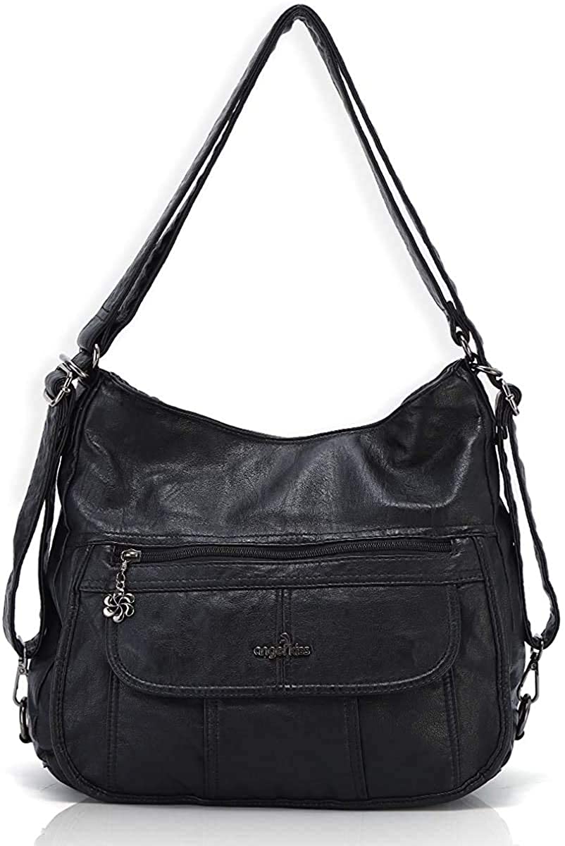 Price:$39.99    Women Handbags Shoulder Bags Washed Leather Satchel Tote Bag Mutipocket Purse (A-0105 W6802SM#6031#1黑BLACK)  Clothing