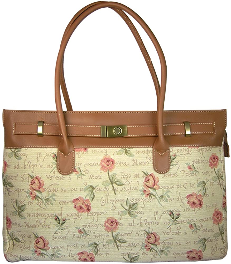 Price:$45.99    Banberry Designs Pink Rose Tapestry Tote Bag With Brass Buckles 15  Clothing