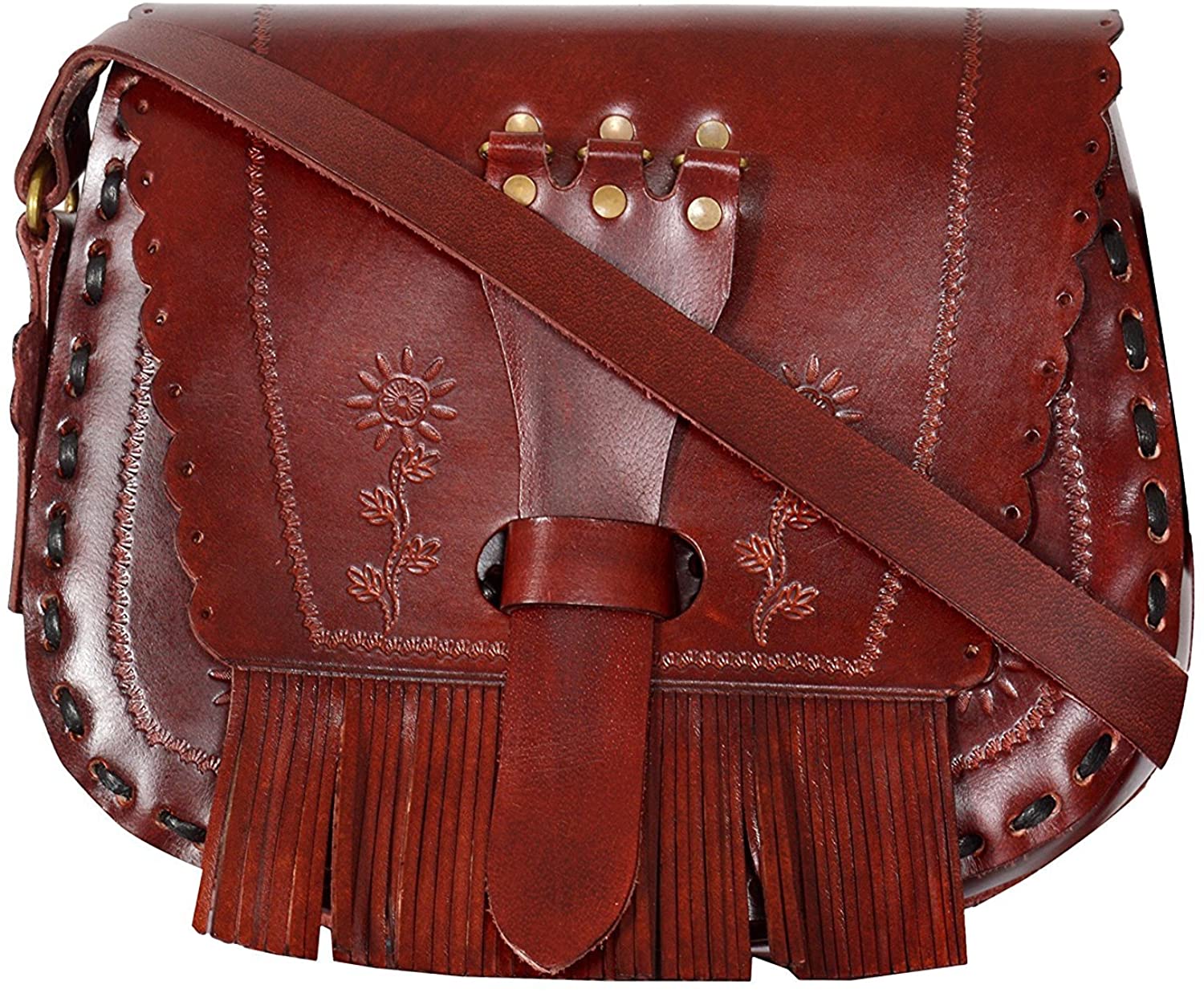 Price:$49.00 Classic 8"Inch Retro Hippi Style Crossbody Sling Bag Shoulder bag Women's Saddle Bag Purses with Flap Top & Tassel (Dark Brown)  Handbags   